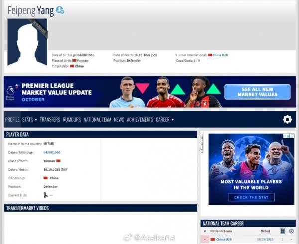 杨力维、杨舒予的父亲，前男足国青队球员杨飞鹏去世，享年59岁