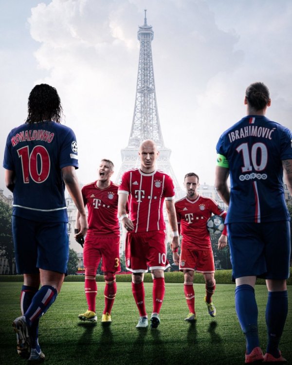 拜仁发布海报预热欧冠vs巴黎：罗贝里、小猪出镜，伊布、小罗在列